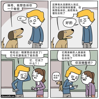 这是一组来自channelate.com的四格搞笑连环漫画，讲述了男子瑞奇的荒诞经历：第一格中，瑞奇听到自家的狗开口用人类语言说要告诉他一个秘密，他疑惑地回应；第二格，狗郑重地说自己把骨头埋在了后院，瑞奇平静地接受；第三格，瑞奇激动地找到妻子布伦达，告诉她自家狗会说话的惊人消息，布伦达震惊地追问内容；第四格，当瑞奇说出狗的具体话语后，布伦达觉得他在胡言乱语，完全不信他的话，瑞奇因此抓狂，而狗也在一旁露出无奈的表情吐槽“有没有搞错！”。漫画通过“狗说话”这个超现实设定，搭配“狗说的内容却是最普通的狗的日常行为”的反差，制造出荒诞的喜剧效果，笑点在于超现实事件与平淡内容的强烈对比，导致瑞奇的激动显得格外滑稽。