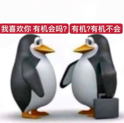 两只卡通企鹅面对面站立，左侧企鹅向右侧企鹅表达好感："我喜欢你 有机会吗?"，而右侧企鹅手持公文包，疑惑地回应："有机?有机不会"。

图片使用了中文谐音双关梗，将"有机会"(有机会发展关系)误解为"有机"(有机产品)，制造出幽默效果。