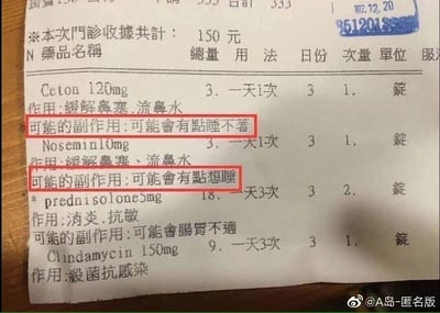 这是一张中国台湾地区的门诊药品收据，日期标注为民国102年12月20日（即公元2013年12月20日），本次门诊费用共计150元。收据中列出四种处方药品的信息：1. Ceton 120mg：总量3锭，每日1次，服用3日，每次1锭，作用为缓解鼻塞、流鼻水，可能的副作用是会有点睡不着；2. Nosemin10mg：总量3锭，每日1次，服用3日，每次1锭，作用同样是缓解鼻塞、流鼻水，可能的副作用却是会有点想睡；3. prednisolone5mg：总量18锭，每日3次，服用3日，每次2锭，作用为消炎、抗敏，可能的副作用是肠胃不适；4. Clindamycin 150mg：总量9锭，每日3次，服用3日，每次1锭，作用为杀菌抗感染。其中前两种功效相同的感冒药，副作用完全相反，形成了极具反差感的趣味效果，这也是这张收据的笑点所在。