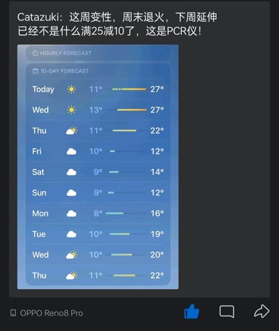 这是一张结合天气预报截图和专业领域梗的搞笑吐槽图。图中展示了10天的天气预报数据：前期气温维持在20℃以上，随后快速骤降至10℃左右，之后又逐步回升。上方配文用生物PCR实验的三个核心步骤“变性、退火、延伸”对应气温的三个阶段变化：前期高温对应变性，周末降温对应退火，下周升温对应延伸，还调侃这已经不是普通的“满25减10”（调侃气温从25+℃降到10+℃），而是像PCR仪一样的温度循环，用专业术语精准吐槽了气温大起大落的离谱状况，充满趣味。