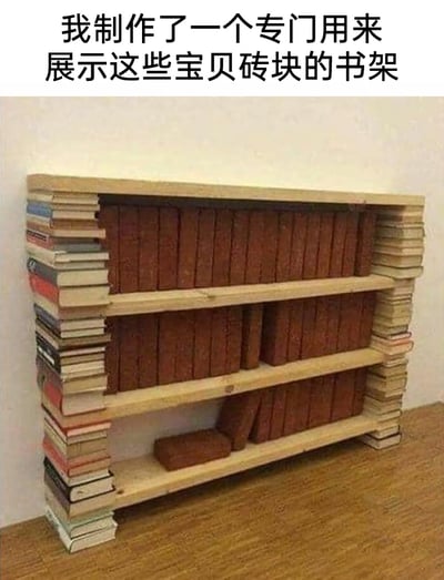 这张图片展示了一个极具反差感的创意“书架”：它没有按照常规书架的用途摆放书籍，反而将堆叠的书籍作为书架两侧的支撑结构，中间用木质隔板分层，把红砖当作“宝贝展品”放在原本应该放书的位置。图片上方配文“我制作了一个专门用来展示这些宝贝砖块的书架”，强化了这种反常规的设定。下层的砖块有部分出现歪斜、掉落的情况，让这个“书架”看起来更具荒诞感，通过颠倒物品的常规功能，制造出搞笑又另类的视觉效果，是充满恶搞趣味的创意设计。