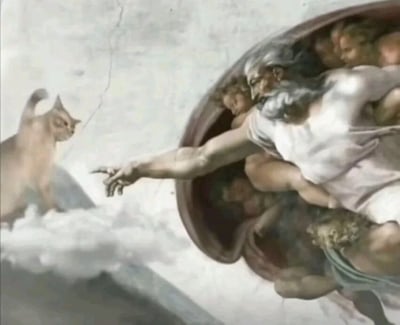 这是一幅对经典名画进行P图改编的趣味作品，原型是文艺复兴时期米开朗基罗绘制在梵蒂冈西斯廷教堂穹顶的壁画《创造亚当》。图中保留了原画里上帝伸出手指、周围簇拥着天使的经典构图与风格，上帝表情严肃专注，手臂前伸，指尖即将触碰到对方；而原本亚当的位置被替换成了一只浅棕色猫咪，猫咪蹲在云端，抬起一只爪子，表情略带疑惑，似乎正要回应上帝的指尖触碰，在庄重的宗教艺术氛围中融入了软萌的猫咪元素，形成强烈反差，营造出搞笑又新奇的效果。