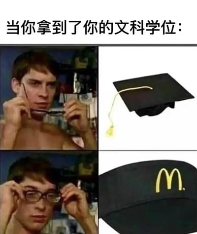 这张梗图以四格漫画形式，调侃拥有文科学位的毕业生就业前景。上方配文“当你拿到了你的文科学位：”。左侧为年轻人摘眼镜，右上是毕业帽，右下则是麦当劳标志的帽子，暗示学位帽和麦当劳工作帽的“无缝切换”。表达出“文科毕业只能去麦当劳打工”的无奈和自嘲，带有一定的社会讽刺色彩。

本图有明显的双关暗示：以“毕业帽”变“麦当劳帽”影射某些学位的现实价值存在质疑。