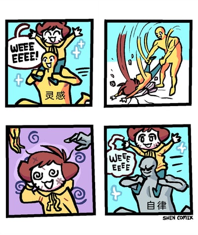 这是一幅四格卡通漫画，以拟人化的方式探讨创作中灵感与自律的不同影响：
1. 第一格：标有“灵感”的黄色角色将代表创作者的小孩扛在肩上，小孩兴奋地欢呼“WEEE EEEE!”，画面充满短暂的快乐氛围；
2. 第二格：标有“自律”的灰色角色将小孩从灵感的肩上拽下，狠狠摔在地面，小孩呈现出狼狈的被拉扯姿态；
3. 第三格：小孩被摔得眼冒金星，神情恍惚，处于混乱的状态；
4. 第四格：自律将小孩重新扛在肩上，小孩再次开心地欢呼“WEEE EEEE!”，恢复了快乐的状态。
漫画通过这个过程对比了灵感与自律：灵感带来的快乐是即时但不稳定的，而自律虽然会带来初期的“痛苦”过程，最终却能带来持续且稳定的愉悦，以此调侃创作者在依赖灵感和坚持自律之间的挣扎，强调自律的长期价值。