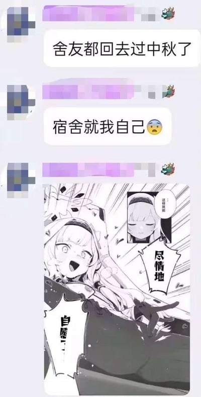 这是一段社交软件的聊天记录截图，发送者先文字感慨中秋假期里舍友都回家过节，宿舍只剩自己一人，紧接着发送了一张黑白二次元梗图。梗图包含两个画面：上方小图里的二次元角色表情平静，配文“这样的话”；下方大图里的角色表情兴奋，大张嘴巴，伸手做出邀请姿态，配文“尽情地 自慰——”，通过玩梗的方式，用反差感表达出独自在宿舍时可以毫无顾忌、放飞自我的心情，充满搞笑趣味。