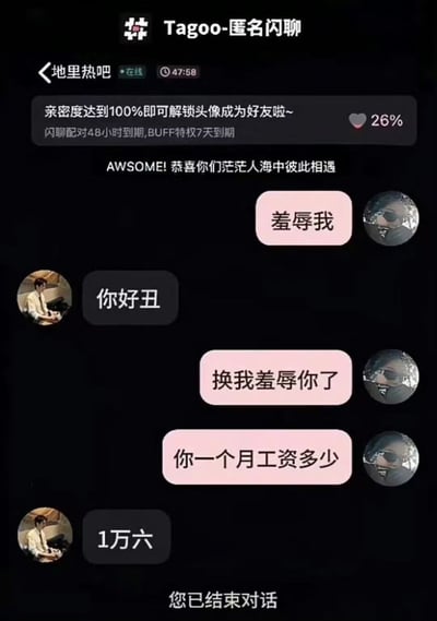 这是一张社交软件Tagoo-匿名闪聊的聊天界面截图，显示了两个匿名用户之间的对话。界面顶部有应用名称和当前聊天对象