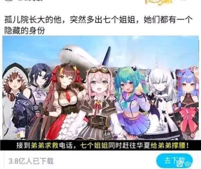 图片为游戏或小说宣传物料，上方文字描述孤儿院长大的主角突然出现七位各有隐藏身份的姐姐，中间是七位风格迥异的动漫女性角色并肩站立的插画（含飞机背景），下方文字提及弟弟求救后姐姐们赶往华夏撑腰，并标注“3.8亿人已下载”，右下角有“QY”水印。整体通过“隐藏身份”“集体撑腰”等设定营造热血逆袭感，旨在吸引用户下载相关产品。