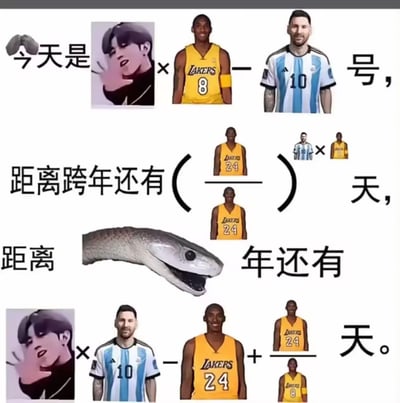 这张梗图通过多图拼接和图文混排的方式，将韩国偶像、科比·布莱恩特（湖人队8号及24号球衣）、里奥·梅西（阿根廷队10号球衣）的照片与一条蛇的图片组合，配上中文文字“今天是×号，距离跨年还有（）天，距离年还有×－＋天”，形成类似数学算式的幽默表达，以明星照片作为“变量”来调侃式计算距离跨年的天数。
