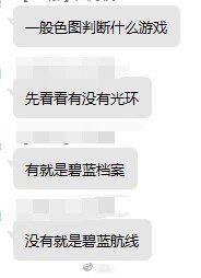 这是一段竖屏手机格式的聊天记录截图，内容是游戏玩家分享的快速辨别《碧蓝航线》与《碧蓝档案》的实用小技巧：通过色图中角色是否带有光环来判断，角色有光环的是《碧蓝档案》，没有光环的则是《碧蓝航线》，用简单直白的方式解决了两款名字相近的游戏容易被混淆的问题，适合游戏玩家尤其是萌新用来快速区分两款游戏。