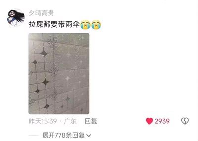 这是一条来自广东的社交媒体动态，用户“夕晴高贵”发布了自家厕所天花板漏水的实拍照片，配文“拉屎都要带雨伞”并附上两个大哭的表情，直白吐槽自己遇到的离谱生活窘境——厕所天花板多处渗水，看起来如同“下雨”一般，连日常如厕都会被影响，这条吐槽引发了众多网友的共鸣，获得了2939个点赞以及778条回复。内容没有双关、谐音梗，是对真实糟心事的直白吐槽。