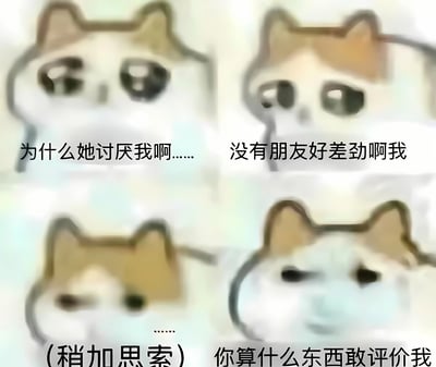这是一张四格漫画风格的表情包，展示了一只柴犬的情绪转变过程。第一格中柴犬带着悲伤的表情说：'为什么她讨厌我啊......'；第二格中柴犬继续悲伤地说：'没有朋友好差劲啊我'；第三格中柴犬表情变得严肃，配文'......(稍加思索)'；第四格中柴犬表情变得愤怒和坚定，说：'你算什么东西敢评价我'。整个表情包通过柴犬的情绪变化，幽默地展示了从自我怀疑到自信反击的心理过程。