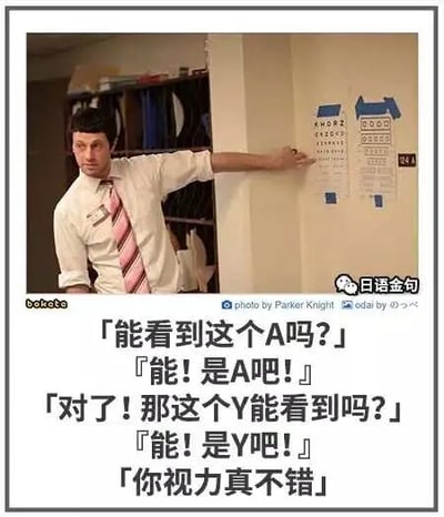 这是一张来自日本bokete网站的搞笑梗图，采用图文混排、文字加注的形式，以职场场景为背景。图中一位穿着衬衫领带的职场男性面带狡黠笑容，伸出手指着墙上的简易视力表，下方的对话构建了一个无厘头的整蛊玩笑：测试者依次询问被测者能否看到视力表上的A和Y，在得到肯定答复后，夸赞被测者视力不错，整个过程没有进行真正的视力测试，只是通过简单的字母辨认来制造出整蛊的搞笑效果，适合用于职场轻松氛围的互动或作为搞笑内容传播。