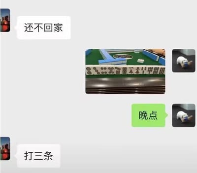 这是一张微信聊天记录截图，左侧的聊天对象先发消息询问对方“还不回家”，对方没有直接解释晚归的原因，先发送了一张自己当前的麻将手牌实拍图，随后回复“晚点”，原本应当是催促对方回家的对话，在左侧聊天对象看到麻将牌后画风突变，直接给出了“打三条”的出牌指导建议，前后态度的反差充满趣味性，十分搞笑。