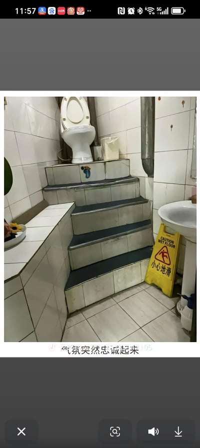这是一处布局反常规的老式卫生间场景：白色瓷砖墙面的狭小空间里，白色马桶被安装在四级台阶的顶端，台阶旁的台面上摆放着装饰花，右侧是洗手池与黄色的“小心地滑”警示牌，裸露的管道沿墙面延伸。图片底部配有文字“气氛突然忠诚起来”，玩了场景联想的搞笑梗——马桶处于高位，使用时的姿态仿佛带有“效忠”的仪式感，用场景反差制造出荒诞搞笑的效果。