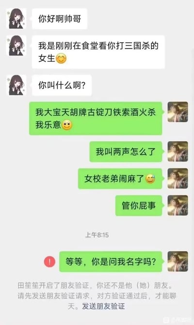 这是一张微信聊天记录截图，内容是一名在食堂看到男生打三国杀的女生主动添加男生好友后打招呼，询问男生的名字。男生误以为女生是来指责自己打三国杀拿到天胡牌时太过激动吵闹，先后回复了一堆三国杀相关的辩解内容，还出言不逊说“管你屁事”，等他反应过来对方是在问自己名字的时候，已经被对方删除好友，出现了需要发送朋友验证的提示，整个对话充满反差笑点，戏剧感十足。