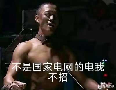 这是一张由影视截图改编的玩梗图，图中是电视剧《我是特种兵之利刃出鞘》里吴京饰演的何晨光被绑在刑具上的受刑场景，角色面露痛苦，似乎正在遭受电刑。图下方配文“不是国家电网的电我不招”，将严肃的审讯受刑场景与国家电网结合，通过反差感制造出搞笑的调侃效果，没有双关或谐音梗，纯靠场景与文字的错位形成趣味。
