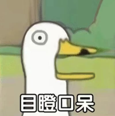 图片中是一只卡通风格的白色鸭子，它有着圆圆的大眼睛，瞳孔呈黑色小点，黄色的嘴巴张得很大，呈现出极度震惊的表情。背景是模糊的绿色和棕色色块，可能模拟自然环境。鸭子下方有醒目的黑色粗体文字“目瞪口呆”，直接对应鸭子的夸张表情，整体画面简洁幽默，生动传达出震惊、傻眼的情绪。