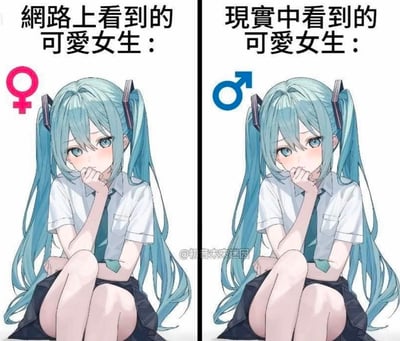 这是一张左右对比的吐槽梗图，左侧标注「网络上看到的可爱女生」并搭配女性性别符号，展示出腼腆害羞、手托下巴的校服初音未来形象；右侧标注「现实中看到的可爱女生」并搭配男性性别符号，使用了完全相同的初音形象。该梗图玩的是网络社交中「看似可爱的女生实际是男性」的经典反差梗，调侃人们在网络上遇到的「可爱女生」可能存在性别落差，充满网感的搞笑吐槽。