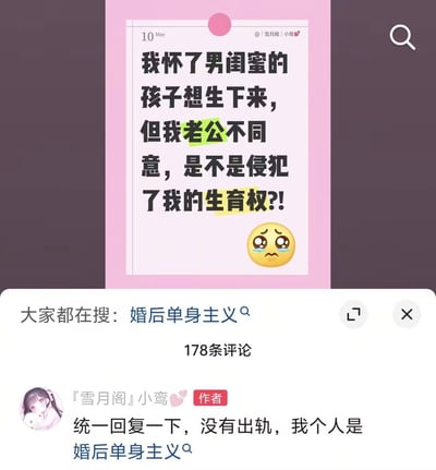 这是一张社交媒体内容截图，上方是粉色边框的笔记卡片，标注日期为5月10日，发布者为「雪月阁」小鸾，内容为提问称自己怀了男闺蜜的孩子想要生下来，但丈夫不同意，询问是否侵犯了自己的生育权，右下角搭配了委屈流泪的小黄脸表情；卡片下方显示相关搜索关键词为「婚后单身主义」，共有178条评论，发布者在评论区统一回复称自己没有出轨，奉行婚后单身主义，内容逻辑荒谬引发网友热议吐槽。