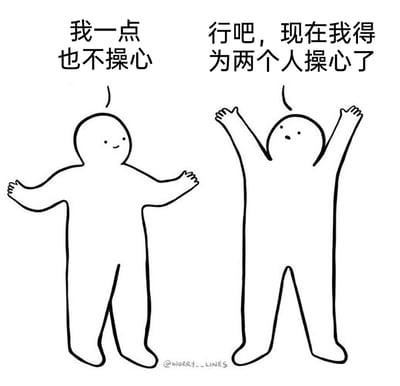 这是一幅黑白简约线稿风格的卡通对比漫画，画面以左右分栏的形式呈现了同一类人的两种生活状态。左侧的卡通小人面带微笑，双臂自然张开，站姿放松，配文“我一点也不操心”，传递出无忧无虑、没有生活负担的轻松心态；右侧的卡通小人表情无奈，双臂高高举起，双腿分开站立，配文“行吧，现在我得为两个人操心了”，展现出生活状态发生转变后，需要承担更多责任、背负更多生活压力的无奈与崩溃感。这幅漫画大概率是在隐喻从单身状态进入亲密关系（恋爱、婚姻）后，需要为另一半操心，生活压力骤增的心态变化，精准戳中了人们在生活角色转变时的内心感受，容易引发大众共鸣。