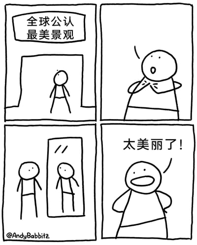 这是一幅四格黑白卡通漫画，以自恋为核心笑点：第一格展示了标有‘全球公认最美景观’的入口，卡通小人站在入口处，营造出即将观赏绝美景色的期待感；第二格中，小人双手捂嘴，露出惊讶的神情，进一步强化了对景观的期待；第三格揭晓反转，所谓的‘最美景观’其实是一面镜子，小人正站在镜子前注视着自己的倒影；第四格中，小人双手叉腰，兴奋地大喊‘太美丽了！’，完全沉迷于对自己的欣赏，用预期与现实的强烈反差，讽刺了过度自我欣赏的自恋心态，风格幽默搞笑。