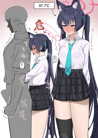 动漫风格插画，左侧为灰色男性剪影，右侧是双马尾猫耳少女。少女穿着白色衬衫和蓝领带，搭配黑色格子裙，脸红害羞，眼睛微闭。画面上方显示37.7℃温度，中间有红色