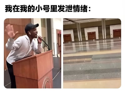 图片上方配有文字'我在我的小号里发泄情绪：'，左侧为一名穿着白色连帽衫、戴着黑色帽子的男子在讲台上激情演讲，一手举起，一手持麦克风，表情激动；右侧为一个空旷的大厅，地面光滑，有多扇门，空无一人。通过左右对比，幽默地表现了人们在小号发泄情绪时看似激烈，实则无人关注的场景。