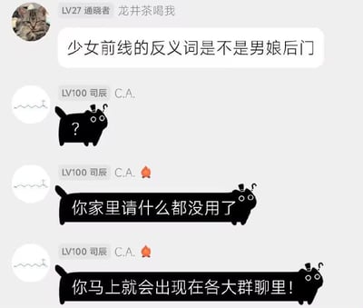 这是一张社交平台群聊截图，用户“龙井茶喝我”（LV27 通晓者）发出提问“少女前线的反义词是不是男娘后门”，引发趣味互动。LV100用户“司辰 C.A.”用三个带有黑问号猫表情包（卡通黑猫形象，戴小礼帽，表情疑惑）的回复调侃：“你家里请什么都没用了”“你马上就会出现在各大群聊里！”，整体氛围轻松搞笑，充满网络梗调侃意味。