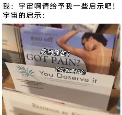 这是一张反鸡汤风格的搞笑梗图，画面上方是用户发出的请求文字“我：宇宙啊请给予我一些启示吧！”，下方标注“宇宙的启示”，对应着两张摆放在一起的国外理疗服务宣传册。上方的宣传册印有一位背部不适、抬手扶着肩膀的真人，配文“820 off”和“GOT PAIN?”，被添加了中文注释“感到痛苦？”；下方的宣传册配文“You Deserve it”，原本在广告语境中是“你值得拥有（该服务）”的正面含义，被添加了中文注释“这是你应得的”，将原本的广告含义反转，形成了一种扎心的“宇宙启示”，用反鸡汤的方式调侃生活中遇到痛苦与不顺时的无奈，传递出自嘲式的幽默情绪。