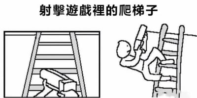 图片上方有文字'射击游戏里的爬梯子'，下方分为左右两格线稿图。左图展示一个梯子，梯子的横档上放置着一把枪；右图是一个简笔画小人正攀爬梯子，同时双手紧紧抱着一把枪。整体通过简单的线条幽默地描绘了射击游戏中玩家边爬梯子边持枪的经典场景，带有调侃游戏常见动作的意味。