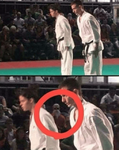 图片分为上下两部分，展示了两位身穿白色空手道服、系着黑色腰带的男性选手站在红绿相间的比赛垫子上。上方图片中两人背对镜头站立，下方图片用红色圆圈重点标记了两人的侧脸，他们表情严肃，姿态和神情高度相似，形成有趣的同步效果。