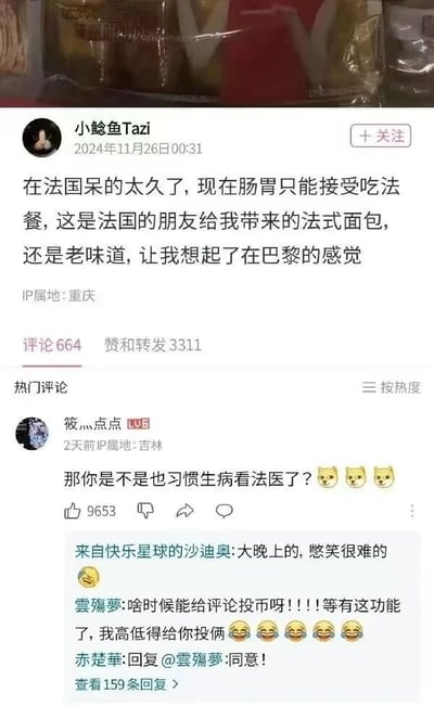 这是一张竖屏的社交媒体截图，发布者“小鲶鱼Tazi”于2024年11月26日00:31发布动态，IP属地为重庆，内容称自己在法国待太久，肠胃只能接受法餐，朋友带来的法式面包让自己想起巴黎的感觉。热门评论中用户“筱灬点点”利用“法餐”的“法”和“法医”的“法”玩谐音梗，回复“那你是不是也习惯生病看法医了？”，吐槽发布者装腔作势的言论，这条评论获得9653个赞。下方其他网友纷纷附和，有网友称憋笑很难，还有网友表示希望评论区能有投币功能，要给这条评论投币，引发了有趣的互动。