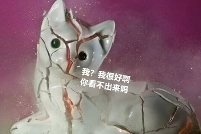 图片中是一个白色陶瓷猫摆件，它的身体布满了明显的裂纹，左眼为绿色，右眼为黑色，显得有些诡异。猫的前方配有文字："我? 我很好啊 你看不出来吗"，形成一种强烈的反差和讽刺效果。猫咪明明已经破碎不堪，却嘴硬说自己很好，这种口是心非的状态非常形象。