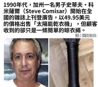 图片内容为1990年代美国加州一起商业诈骗事件的图文介绍。上方文字描述：男子史蒂夫·科米萨尔（Steve Comisar）在全国杂志刊登广告，以49.95美元出售「太阳能干衣机」，但顾客实际收到的仅是一条普通晾衣绳。下方左侧为史蒂夫·科米萨尔的肖像照，右侧为晾衣绳的实物照片。