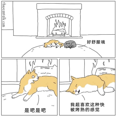 这是一组三格连环卡通漫画，描绘了猫咪在壁炉前烤火的趣味场景：第一格中，在燃着火焰的壁炉前，一只黄白花色的猫仰躺在地毯上，一只灰色的猫蜷在旁边，灰猫惬意地感叹“好舒服哦”；第二格中，黄白猫侧过身，用惊讶的眼神对着自己的后背搭话：“是吧是吧”；第三格中，黄白猫的“后背”拟人化回应，说出“我超喜欢这种快被烤熟的感觉”，将猫咪烤火时后背被烘得暖暖的日常感受进行夸张化表达，用荒诞又贴合动物习性的拟人对话制造出搞笑的效果，展现出猫咪喜爱温暖的可爱日常。