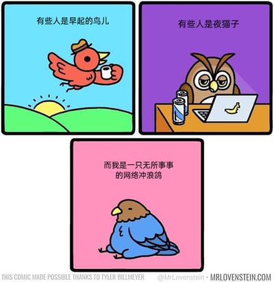 这是一幅三格连环卡通漫画，通过拟人化的鸟类形象来比喻三种不同的生活状态：第一格中，一只戴着帽子的红色小鸟手持咖啡杯，在日出的天空中飞翔，配文“有些人是早起的鸟儿”，代表着早睡早起、积极开启日常的奋斗型人群；第二格的紫色背景里，一只猫头鹰坐在桌前对着笔记本电脑，旁边摆放着功能饮料，配文“有些人是夜猫子”，指代习惯熬夜工作或活动的人群；第三格的粉色背景中，一只圆滚滚的蓝色鸽子瘫坐在地上，配文“而我是一只无所事事的网络冲浪鸽”，以自嘲的方式描绘出自己既不早起奋斗也不熬夜忙碌，只是闲散地在网络上消磨时间的躺平状态，精准戳中了当代不少人的日常状态，充满共鸣感。
