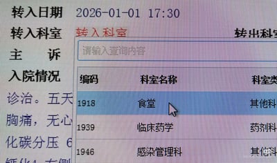 这张图是医院信息系统的界面截图，显示了一条患者转入记录。顶部标注转入日期为2026-01-01 17:30，转入科室字段用红色显示“转入科室”字样，旁边有一个“请输入查询内容”的搜索框。左侧栏包含“主诉”“入院情况”等医疗信息栏，隐约可见“胸痛，无心”“化碳分压 6”等医学术语。右侧科室列表中，编码1918对应的科室名称赫然显示为“食堂”，且被鼠标指针选中，科室类型标注“其他科”，与其下方的“临床药学”“感染管理科”等正经科室形成鲜明对比，充满荒诞幽默感。