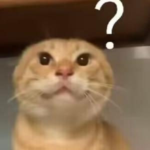 这张图展示了一只橘色苏格兰折耳猫，它睁着圆溜溜的眼睛抬头向上看，脸上露出茫然、困惑的神情，图片右上角添加了一个白色问号符号，进一步强化了疑惑的情绪。该图常被用作表情包，在遇到难以理解的事情、感到迷茫时使用，用来传递不解、困惑的心情。