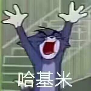 图中是经典动画《猫和老鼠》里的汤姆猫，它双手高高举起，大张着嘴巴，面部表情崩溃又激动。画面下方配有网络热词“哈基米”，“哈基米”原本是日语“はちみつ”（蜂蜜）的空耳，如今常用来软萌地称呼可爱的小动物。这张表情包用汤姆猫的崩溃激动表情搭配该热词，形成反差感，用来表达看到可爱小动物时的狂喜激动情绪，或是进行趣味玩梗。
