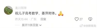 社交媒体评论截图，用户“龙川阿华”在广东发布内容，祝福儿子高考数学能“姜萍附体”（推测希望儿子具备“姜萍”般的数学能力），并配上双手合十的祈祷表情🙏🙏。评论显示发布时间为昨天15:44，获得27个点赞，下方有“展开11条回复”的交互选项，右下角有水印“@你群离岛”。