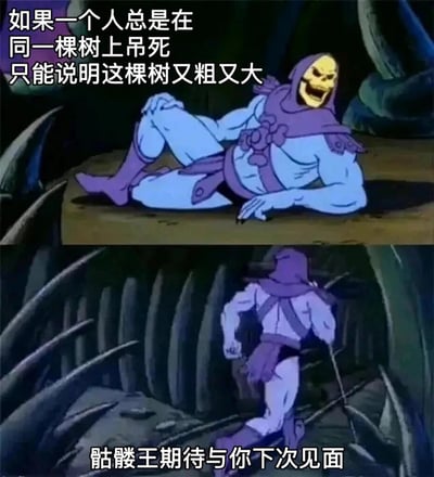 这是一张由《宇宙的巨人希曼》动画截图制作的双格梗图。上半部分中，骷髅王穿着标志性的紫色斗篷和蓝色紧身衣，斜躺在石台上邪魅大笑，配文"如果一个人总是在同一棵树上吊死只能说明这棵树又粗又大"；下半部分骷髅王起身准备离开，配文"骷髅王期待与你下次见面"。图片通过双关语制造幽默效果，将俗语"在一棵树上吊死"赋予新的搞笑解读。