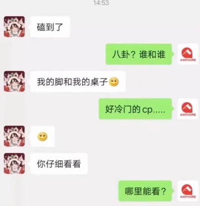 这是一段充满趣味的聊天对话：一方先抛出“磕到了”的言论勾起对方的八卦兴趣，随后揭晓是自己的脚“磕”到了桌子，将网络热词“磕CP”的“磕”和磕碰的“磕”进行双关玩梗，对方配合吐槽这是“好冷门的cp”，全程用玩梗的方式制造出搞笑的反差感。
双关说明：“磕到了”在这里是双关用法，既指当下流行的“磕CP”的“磕”（表示喜欢某对配对），也指脚和桌子发生磕碰的“磕”。