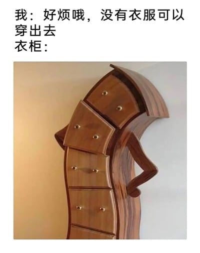 这是一张贴合日常生活的搞笑图文梗图，上方配文分为两部分，“我”抱怨“好烦哦，没有衣服可以穿出去”，“衣柜：”引出下方的拟人化衣柜图像。图中的木质衣柜被设计出了手臂，以双手叉腰、身体弯曲的姿态呈现，生动地模拟出衣柜听到抱怨后无语、无奈的情绪，精准调侃了现实中很多人明明衣柜里衣物充足，却依旧觉得没有衣服可穿的普遍日常心态，容易引发大众共鸣。