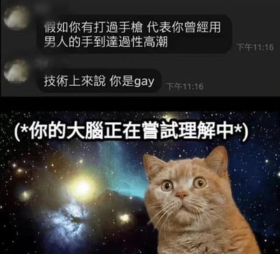 图片分为上下两部分。上半部分是聊天记录截图，显示两条消息："假如你有打過手槍 代表你曾經用男人的手到達過性高潮"和"技術上來說 你是gay"，时间显示为下午11:16。下半部分是一只表情困惑的橘猫，背景是星空，上方有文字"(*你的大腦正在嘗試理解中*)"，用幽默方式表达对上方奇怪逻辑的困惑。
