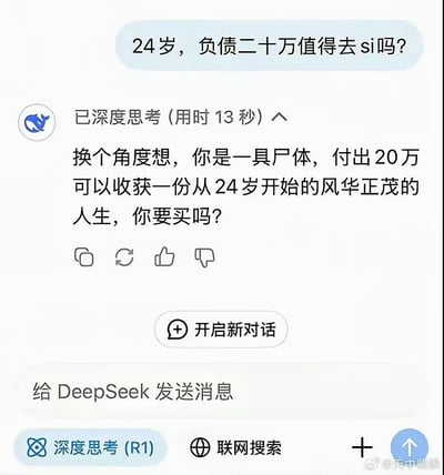 这是一张社交媒体截图，展示了用户与AI助手的对话场景。用户提问“24岁，负债二十万值得去si吗？”，AI助手以“已深度思考（用时13秒）”开头，给出了反向思考的回答：“换个角度想，你是一具尸体，付出20万可以收获一份从24岁开始的风华正茂的人生，你要买吗？”。截图中包含对话气泡、AI思考标识及互动按钮，底部有“给DeepSeek发送消息”的输入提示，右下角有水印“@天中蜀黍”。