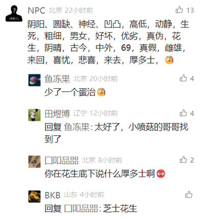 这是一张社交媒体评论区的互动截图，用户“NPC”首先列出了多组反义词、对应关系的词汇，其中夹杂了“花生”“厚多士”这类食物名称；用户“鱼冻果”补充“少了一个蛋治”，玩了谐音梗，“蛋治”谐音“单只”，对应前面的成对词汇，同时也是食物名称；用户“田煜博”的回复玩了《植物大战僵尸》的相关梗，将“蛋治”关联到游戏角色；用户“口叩品品”质疑在“花生”后提及“厚多士”的关联性，用户“BKB”回复“芝士花生”，“芝士”谐音“知识”，进一步延续食物谐音玩梗的趣味互动，整体是网友自发的即兴网络玩梗内容，充满趣味性。