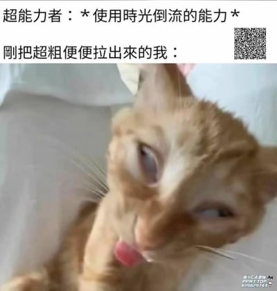 这是一张图文结合的搞笑梗图，上方文字设定“超能力者：*使用时光倒流的能力*”，下方对应“刚把超粗便便拉出来的我：”，搭配一张面部扭曲、眼神涣散的橘猫图片，精准还原了刚经历排便痛苦后，又要被时光倒流重来一次的崩溃、生无可恋的心情，用夸张的动物表情共情这种糟糕又无奈的体验，没有双关或谐音梗。