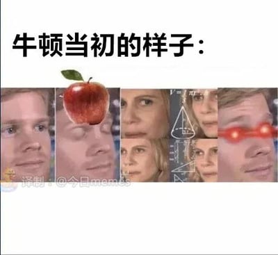 这是一张多图拼接的搞笑梗图，顶部配有文字“牛顿当初的样子：”，通过多张真人脸部图像的拼接，夸张演绎牛顿被苹果砸中后发现万有引力定律的过程：起始是平静的人物脸部，接着苹果“砸”向脸部，人物呈现疑惑的神态，随后画面出现代表科学研究的几何图形，最终人物双眼发出红光，表现出突然开窍、顿悟科学原理的瞬间。图中用夸张的视觉效果将严肃的科学故事趣味化，增添了搞笑的氛围，左下角带有“译制：@今日memes”的水印。