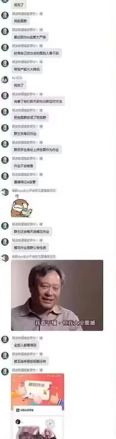 这是一段群聊记录截图，用户「惡逆無道羅家罗尔！」分享了一个色图群为绕过腾讯AI监管想出的奇葩操作：将色图群伪装成班级群，群主发布「每日作业」，群员以学生身份上传色图作为作业，不仅能直接绕过AI检测不被屏蔽，还能让所有群成员看到，甚至没有举报按钮；群主还会评选「模范作业」以群公告形式展示。聊天过程中还搭配了「看书水獭」和李安「我看不懂，但我大受震撼」的经典梗图，展现出对这种脑洞操作的震惊感。
无双关、谐音梗等特殊表述，核心是利用群功能漏洞规避监管的离谱搞笑操作。