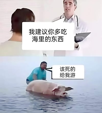 这是一张上下拼接的搞笑梗图：
1. 上半部分是诊室场景，医生对着患者给出建议：“我建议你多吃海里的东西”；
2. 下半部分是水面场景，一名男子赶着猪在水里游泳，配文“该死的给我游”。
这张图玩了谐音误解的梗，把“多吃海里的东西”曲解为让猪到水里变成“海里的东西”，用反差感制造沙雕搞笑的效果。